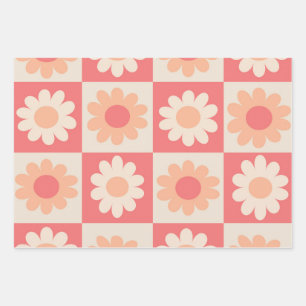 Checkered Peach Fuzz Retro Flowers Pattern Wrapping Paper Sheets