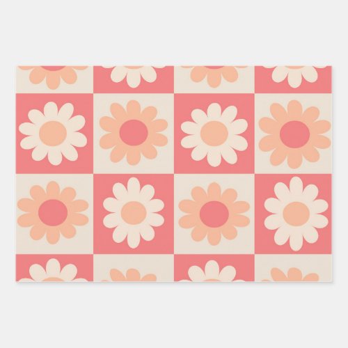 Checkered Peach Fuzz Retro Flowers Pattern  Wrapping Paper Sheets