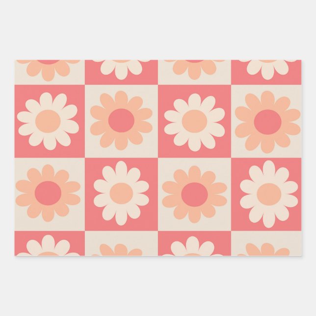 Checkered Peach Fuzz Retro Flowers Pattern  Wrapping Paper Sheets (Front)