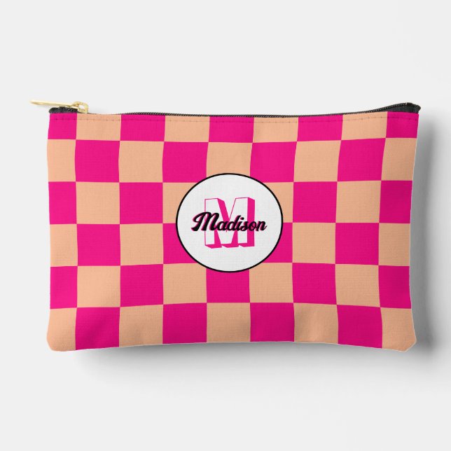 Checkered peach hot pink geometric retro Monogram Accessory Pouch (Front)