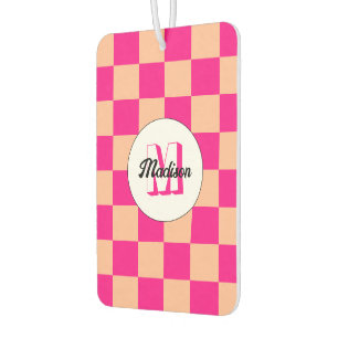 Checkered peach hot pink geometric retro Monogram Air Freshener