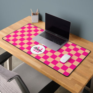 Checkered peach hot pink geometric retro Monogram Desk Mat