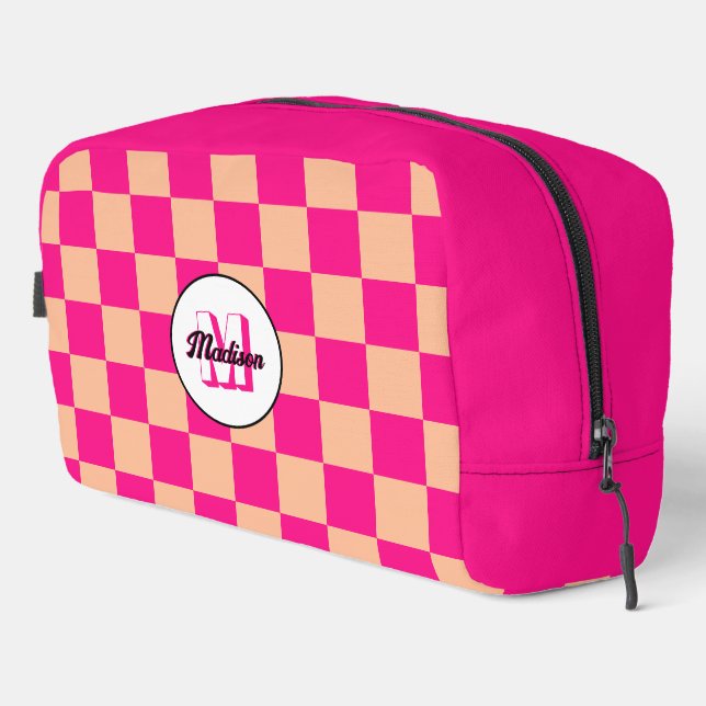 Checkered peach hot pink geometric retro Monogram Dopp Kit (Right Corner)