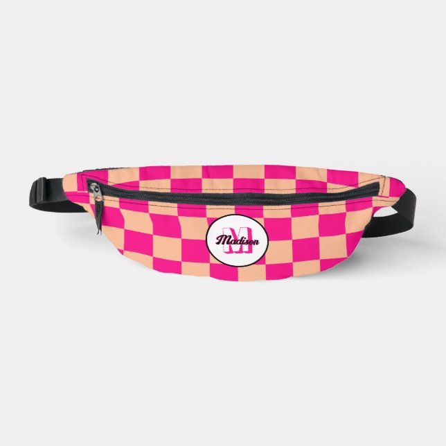 Checkered Peach hot pink geometric retro Monogram Fanny Pack (Front)