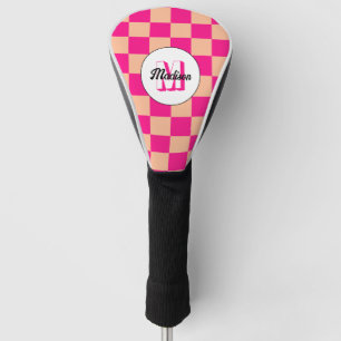 Checkered peach hot pink geometric retro Monogram Golf Head Cover