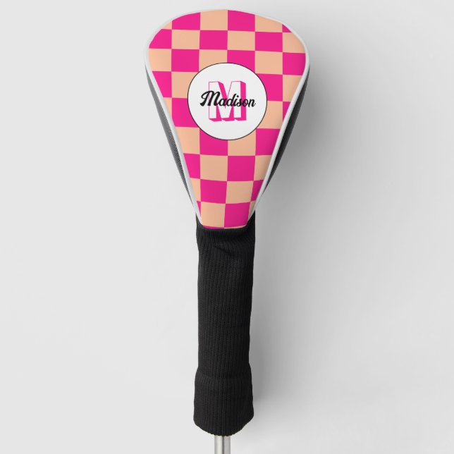 Checkered peach hot pink geometric retro Monogram Golf Head Cover (Front)