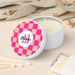 Checkered peach hot pink geometric retro Monogram Mini Candle Favors