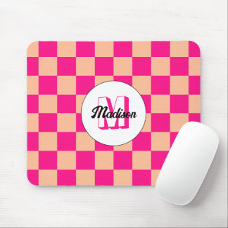 Checkered peach hot pink geometric retro Monogram Mouse Pad