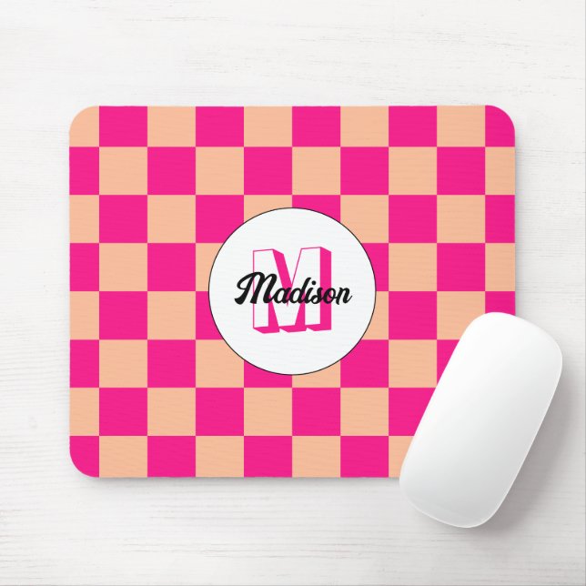 Checkered peach hot pink geometric retro Monogram Mouse Pad (With Mouse)