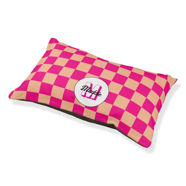Checkered peach hot pink geometric retro Monogram Pet Bed (Angled)