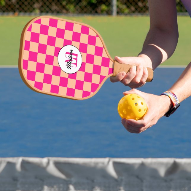 Checkered peach hot pink geometric retro Monogram Pickleball Paddle (Insitu)