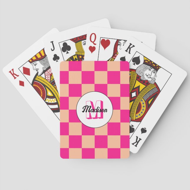 Checkered peach hot pink geometric retro Monogram Poker Cards (Back)
