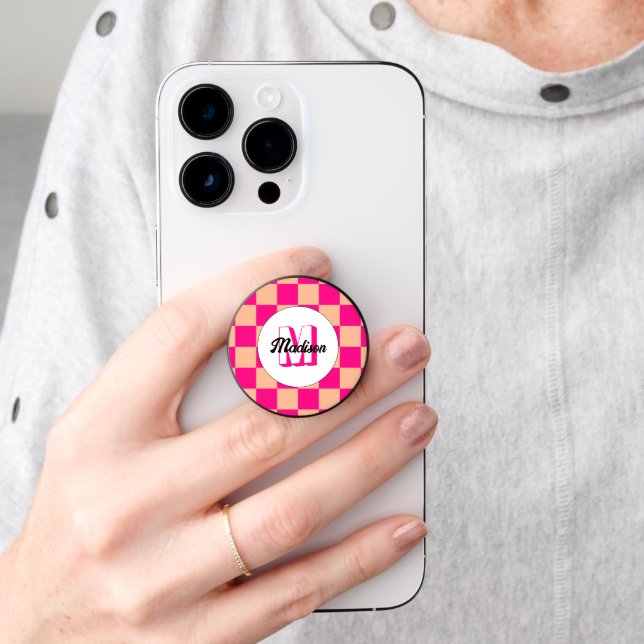 Checkered peach hot pink geometric retro Monogram PopSocket (Hand)