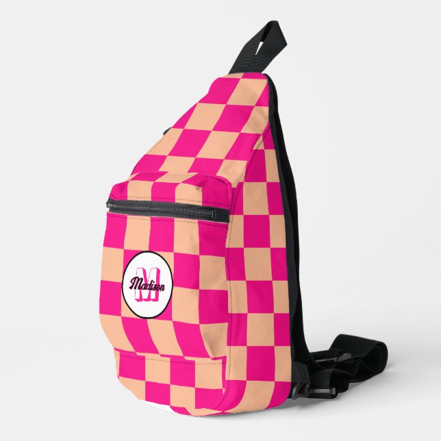 Checkered peach hot pink geometric retro Monogram Sling Bag (Right Corner)