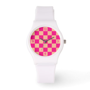 Checkered peach hot pink geometric retro w numbers watch