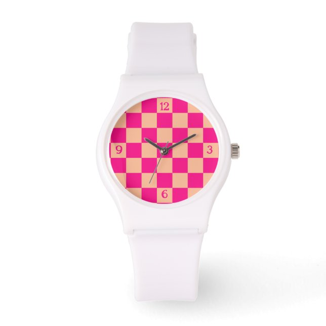 Checkered peach hot pink geometric retro w numbers watch (Front)