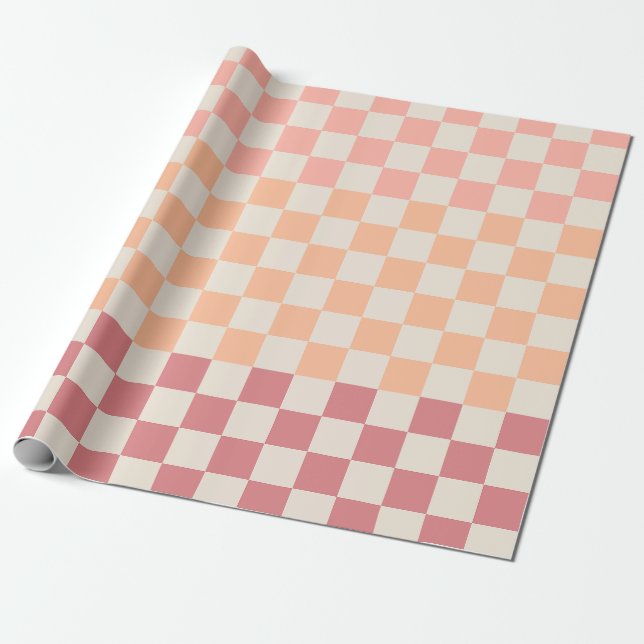 Checkered Peach Pink Pastel Blush Gradient Pattern Wrapping Paper (Unrolled)