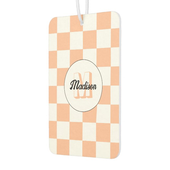 Checkered peach white geometric retro Monogram Air Freshener (Left)