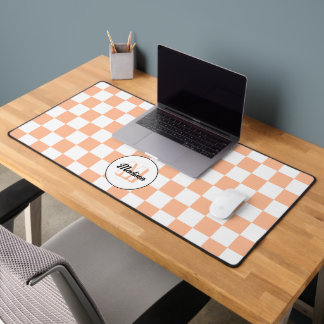 Checkered peach white geometric retro Monogram Desk Mat