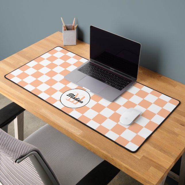 Checkered peach white geometric retro Monogram Desk Mat (Office 2)