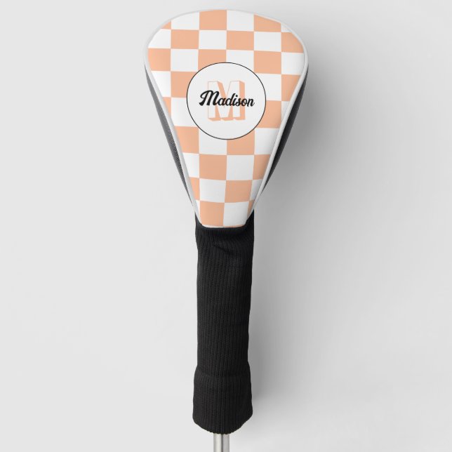 Checkered peach white geometric retro Monogram Golf Head Cover (Front)