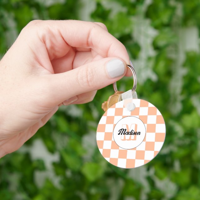 Checkered peach white geometric retro Monogram Keychain (Hand)