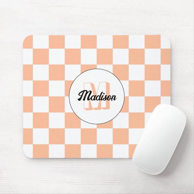 Checkered peach white geometric retro Monogram Mouse Pad (With Mouse)