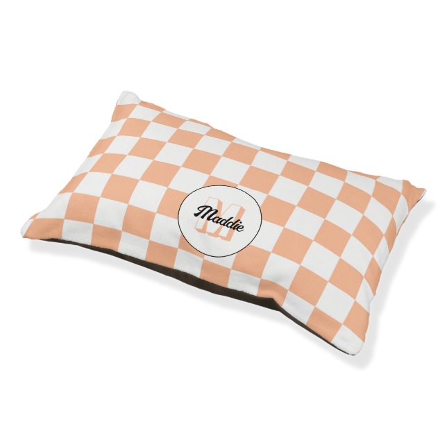 Checkered peach white geometric retro Monogram Pet Bed (Angled)