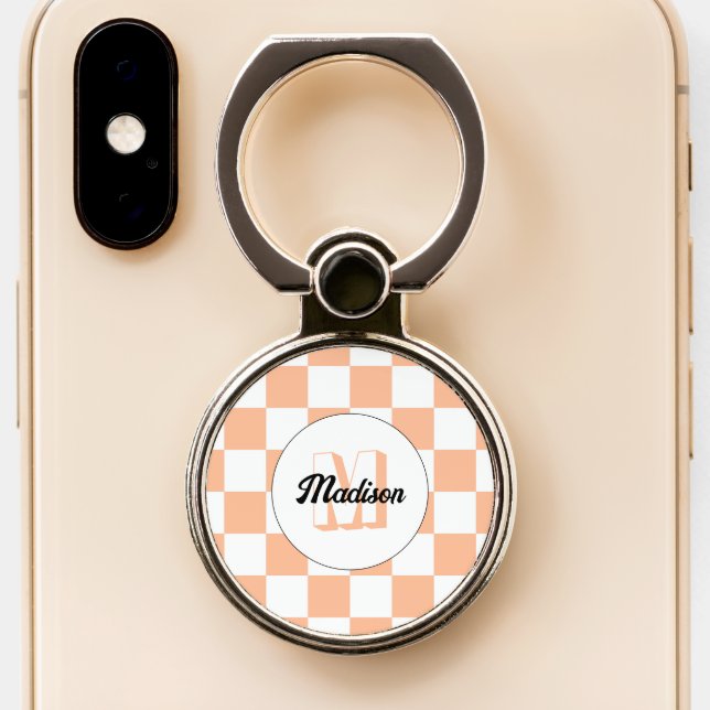 Checkered peach white geometric retro Monogram Phone Ring Stand (Close Up)