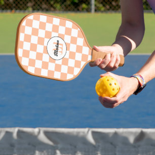 Checkered peach white geometric retro Monogram Pickleball Paddle