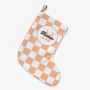 Checkered peach white geometric retro Monogram Small Christmas Stocking