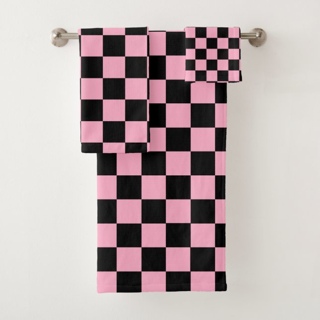 Checkered Pink and Black Bath Towel Set (Insitu)