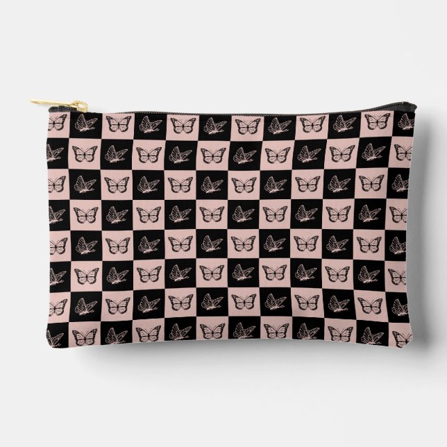 Checkered Pink and Black Butterfly Pattern Accessory Pouch (Front)