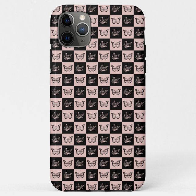 Checkered Pink and Black Butterfly Pattern Case-Mate iPhone Case (Back)