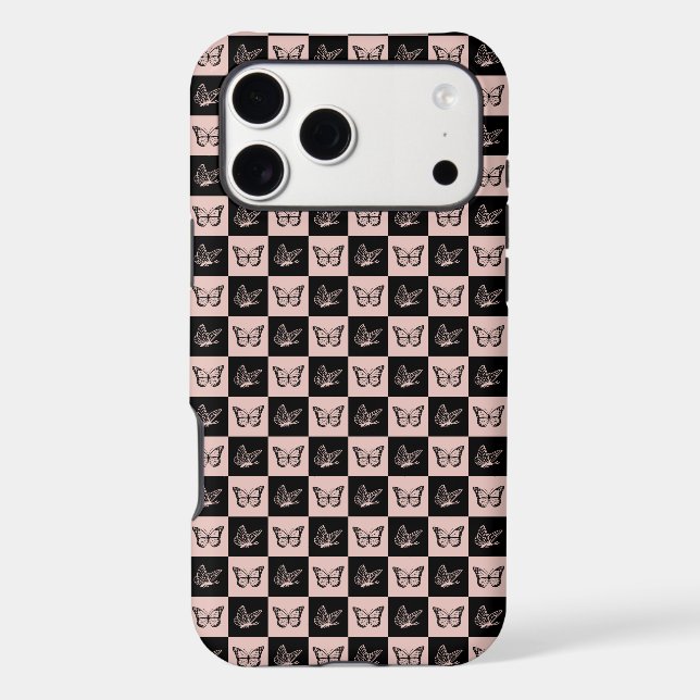 Checkered Pink and Black Butterfly Pattern Iphone Case (Back)