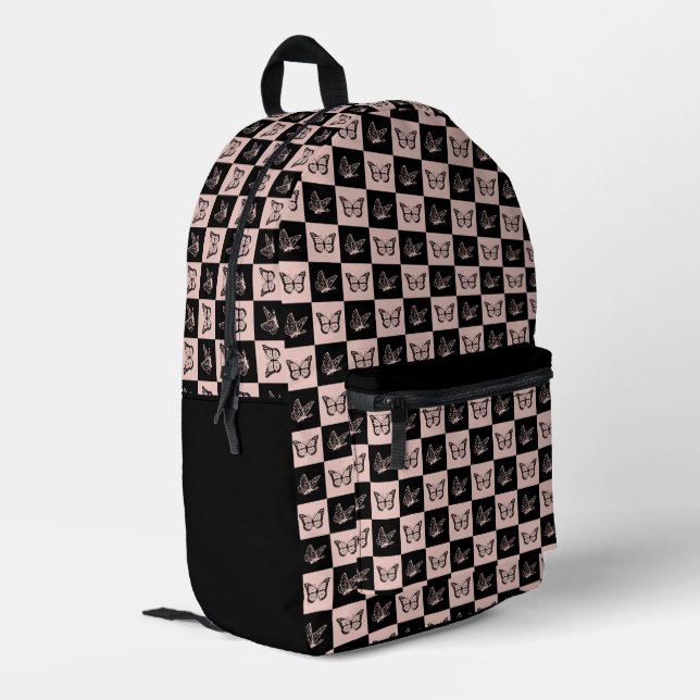 Checkered Pink and Black Butterfly Pattern Printed Backpack (Back Corner Left)