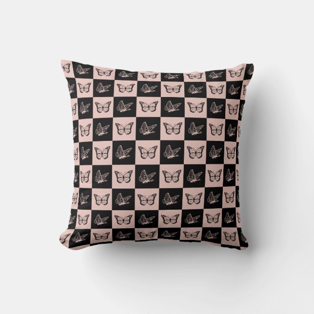 Checkered Pink and Black Butterfly Pattern Throw Pillow (Front)