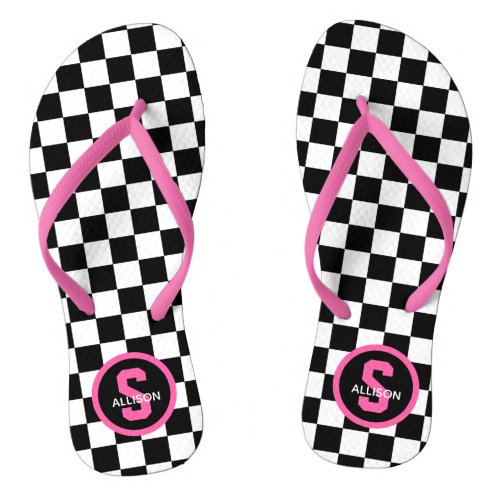 Checkered Pink and Black Flip Flops
