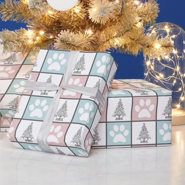 Checkered Pink and blue paw print Christmas Tree Wrapping Paper (Holidays)