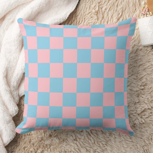 Checkered Pink and Blue Sky Pattern Throw Pillow (Blanket)