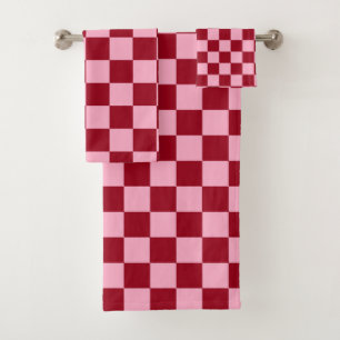 Checkered Pink and Burgundy Bath Towel Set