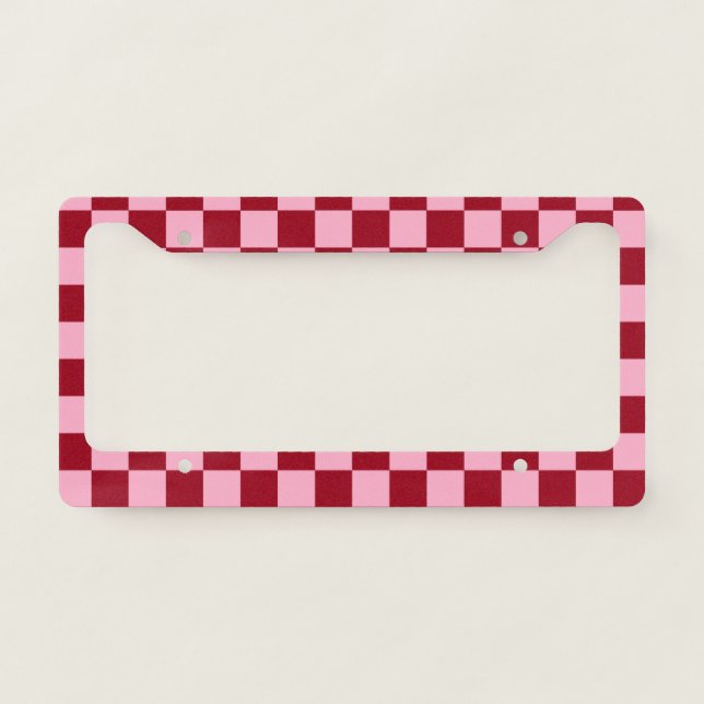 Checkered Pink and Burgundy  License Plate Frame (Front)