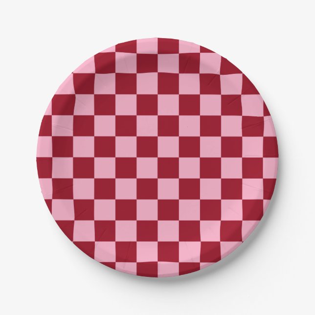 Checkered Pink and Burgundy Paper Plates (Front)
