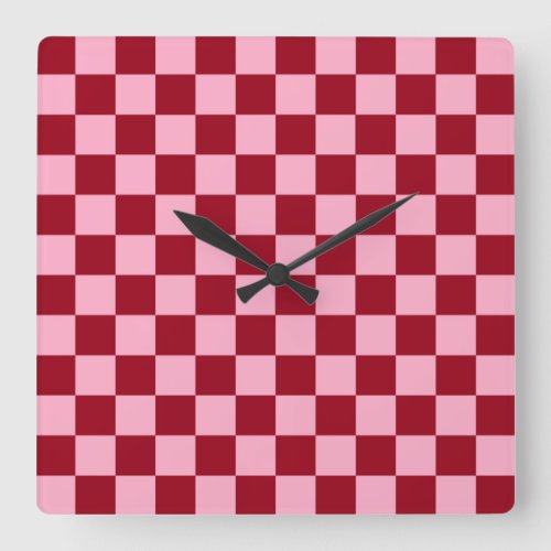 Checkered Pink and Burgundy Square Wall Clock