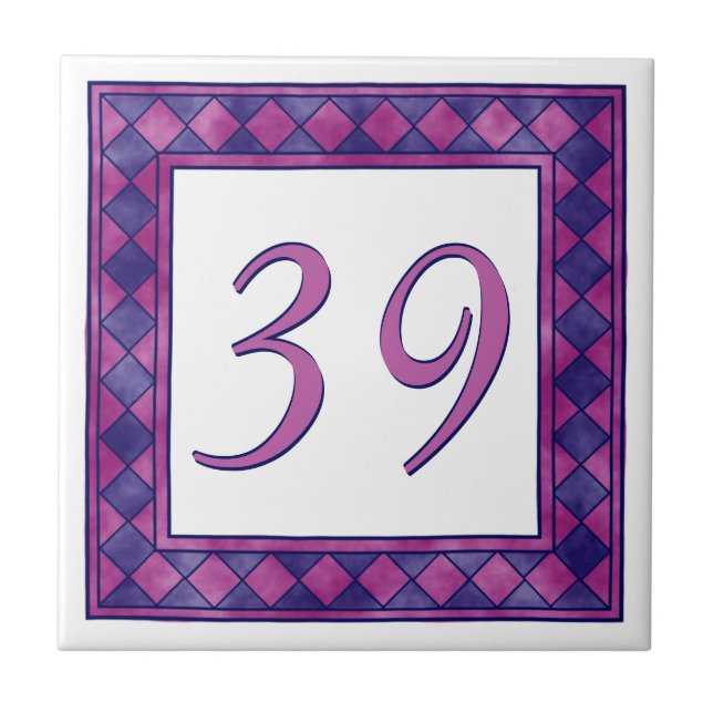 Checkered Pink and Purple Big House Number Tile (Front)
