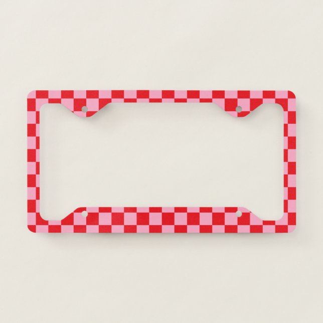 Checkered Pink and Red License Plate Frame (Front)