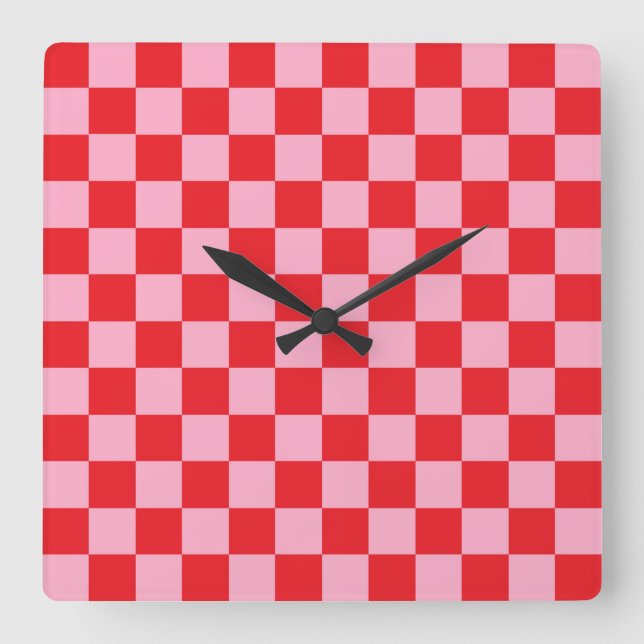 Checkered Pink and Red Square Wall Clock (Front)