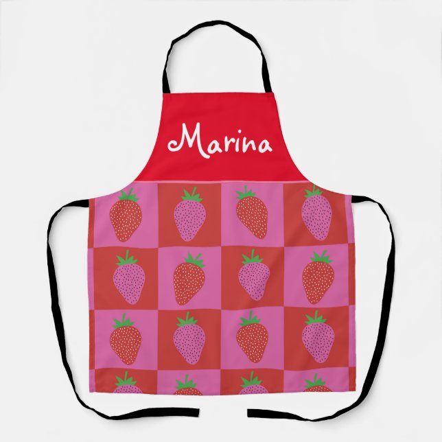 Checkered Pink and Red Strawberries Custom  Apron (Front)