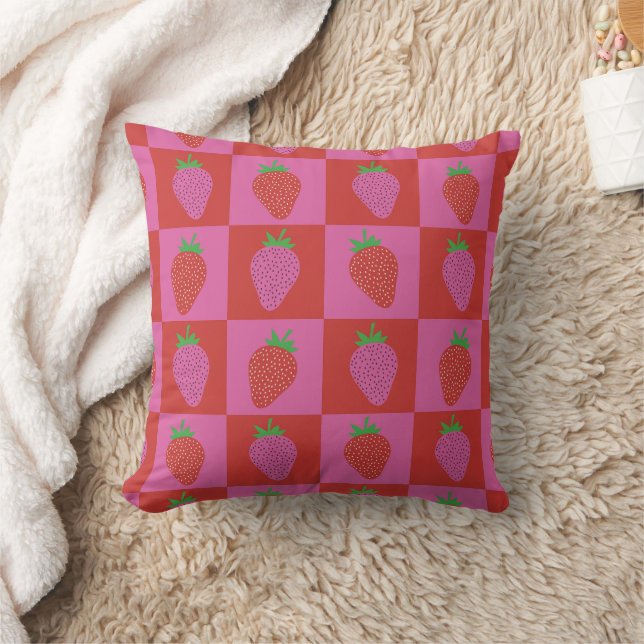 Checkered Pink and Red Strawberries Pattern  Throw Pillow (Blanket)