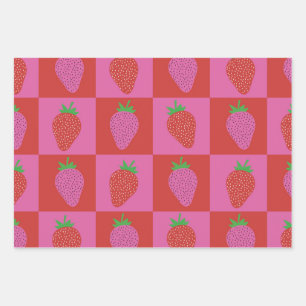 Checkered Pink and Red Strawberries Pattern Wrapping Paper Sheets